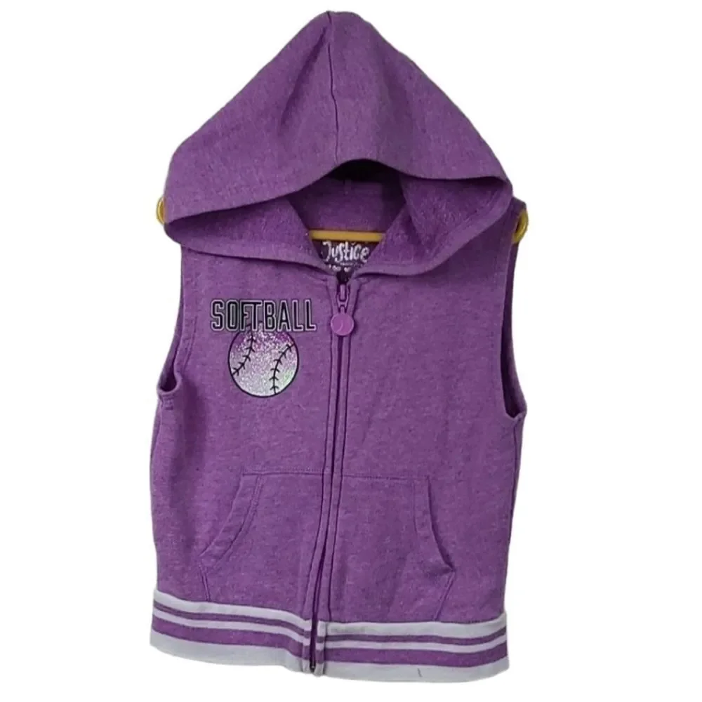 Justice Girls Purple Glitter Softball Sleeveless Zip Hoodie Vest Size 8 Sporty